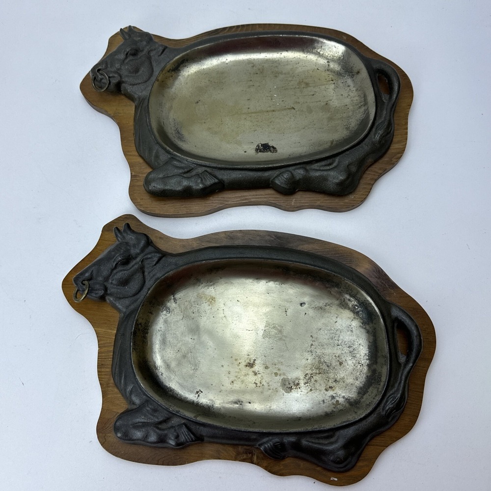 2 Cast Iron Cow Bull Steak Plate Sizzler Pan Fajita Serving Platter Wood Base